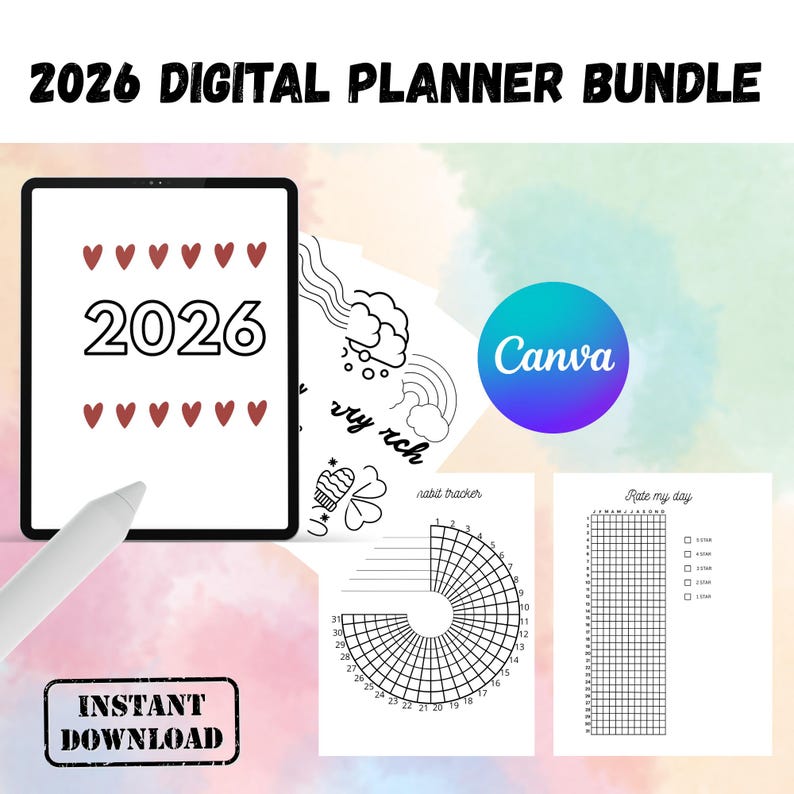 K&ouml;nnte beinhalten: Ein digitales Planer-Bundle f&uuml;r 2026 mit einem Tablet, das das Jahr und Herzen, Gewohnheits-Tracker und ein "Bewerte meinen Tag"-Diagramm anzeigt. Enth&auml;lt das Canva-Logo und den Text "Sofort-Download". Der Hintergrund hat einen Aquarelleffekt.