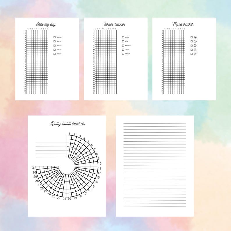 K&ouml;nnte beinhalten: Eine Sammlung wei&szlig;er Papierseiten mit schwarzen Raster- und Liniendesigns. Die Seiten enthalten Tracker f&uuml;r Stimmung, Stress und t&auml;gliche Gewohnheiten, mit dem Text "Rate my day", "Stress tracker", "Mood tracker" und "Daily habit tracker". Der Hintergrund hat einen weichen Aquarell-Effekt.