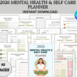 Pode incluir: Um planejador digital com o texto "2026 Mental Health & Self Care Planner" e "Download instantâneo". O planejador inclui páginas para autorreflexão, rotinas de ioga e acompanhamento diário da saúde mental. A imagem mostra 92 páginas.