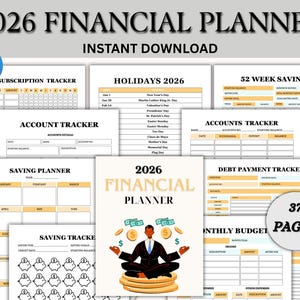 May include: A digital 2026 financial planner with a gold and white design. The planner includes sections for subscription tracking, account tracking, saving, debt payment, and monthly budgeting. The cover features a person meditating on a stack of coins. The planner has 37 pages.
