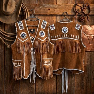 Puede incluir: Chaleco de ante marrón con flecos blancos y detalles de cuentas. El chaleco tiene cuello en V y está decorado con costuras blancas. El chaleco cuelga sobre un fondo de madera. Se ven un sombrero de vaquero y una cuerda.