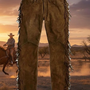 May include: Brown suede pants with fringe detailing along the sides. The pants have a classic five-pocket design and a button closure. The fringe adds a Western-inspired touch to the garment. The pants are shown against a backdrop of a cowboy on a horse.