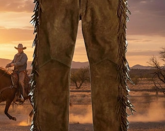 Pantalones vaqueros occidentales nativos americanos de cuero para hombre, pierna larga, flecos y cuero de gamuza