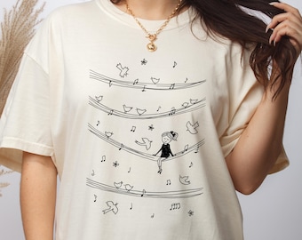 Music Bird Girl Shirt, Minimal Line Art Tee, Cute Girl Music Design, Music Lover Gift, Kids Baby Bodysuit, Aesthetic Music Shirt