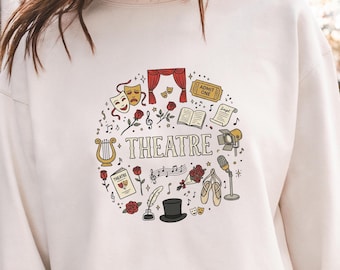 Theatre Lover Shirt with Stage Masks, Curtain & Ballet Icons, Drama Graphic Tee