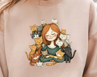 National Love Your Pet Day Shirt, Cat Lover Shirt, Girl Hugging Cats Graphic Tee, Cute Kitten Mom Sweatshirt, Cozy Cat Lady Gift for Women