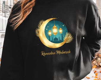Ramadan Mubarak Shirt, Islamic Crescent Moon Lantern Tee, Muslim Eid Outfit, Gold Mosque Graphic Sweatshirt