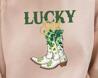 Lucky Girl Shirt, St Patricks Day Western Boots Tee, Shamrock Bow Cowgirl Graphic, Cute Irish Sweatshirt for Women