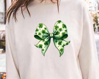 Shamrock Bow St Patrick’s Day T Shirt for Women, Lucky Clover Ribbon Graphic Tee, Irish Holiday Gift Idea