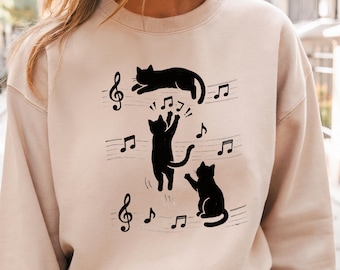 Music Cat Shirt, Dancing Cats with Musical Notes, Cute Cat Lover Graphic Tee, Music Lover Gift, Minimalist Cat Sweatshirt