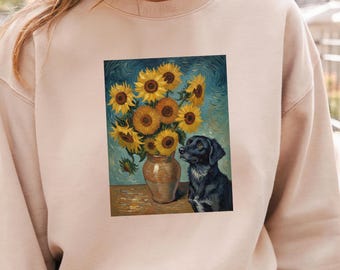 Van Gogh Inspired Sunflower Dog Art T Shirt, National Love Your Pet Day Shirt, Vintage Graphic Tee, Gift for Dog Lover, Art Lover Shirt