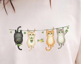 Hanging Cats Shamrock Shirt for Women, St Patricks Day Cat Lover Gift, Watercolor Kitten Graphic Tee
