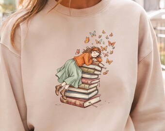 Book Lover Shirt, Girl Sleeping on Books Tee, Literary Art Sweatshirt, Reader Gift for Women, Girl Who Loves Books Shirt, Book Club Tshirt