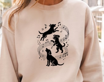 Three Dancing Dogs Shirt with Swirling Music Staff and Notes, Dog Lover Graphic Tee
