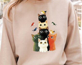 Stacked Cats With Birds T Shirt for Women, Cute Cat Lover Graphic Tee, Whimsical Pet Art Shirt, Gift for Animal Mom