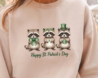 Happy St Patricks Day Raccoon Shirt, Cute Shamrock Animal Tee, Irish Holiday Sweatshirt, Gift for Women