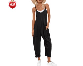 Macacão feminino de verão, estilo jardineira casual folgada com alças finas, ideal para férias na praia.