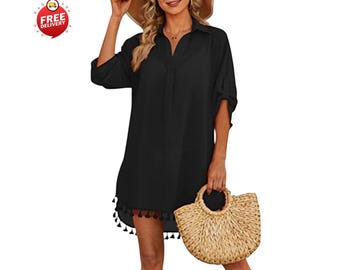 Vrouwen strandjurk met kwastje v-hals doorschijnende bikinijurk flowy badmodeshirt 2026
