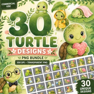 Cute Turtle Clipart PNG Bundle, Baby Sea Turtle Watercolor Design, Kawaii Beach Animal Art, Nursery Sublimation Instant Digital Download