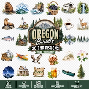 May include: A digital collection of 30 watercolor illustrations featuring Oregon-themed imagery including a beaver, mountains, a lighthouse, a cabin, a deer, a kayak, a hiking boot, a beer mug, and a wooden sign with the text Oregon Bundle.