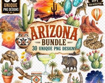 Arizona Clipart Bundle, 30 Watercolor PNG, Grand Canyon Saguaro Cactus Sedona Desert, Southwest Sublimation, Western Turquoise Scrapbook Art