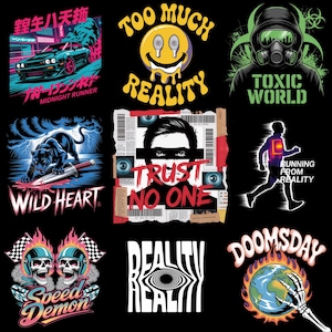 May include: A collection of graphic designs on a black background. Designs include a car with Japanese text, a melting smiley face, a figure in a gas mask, a panther with a sword, a face with the text "Trust No One", a running figure, two skulls with helmets, distorted text, and a burning Earth.
