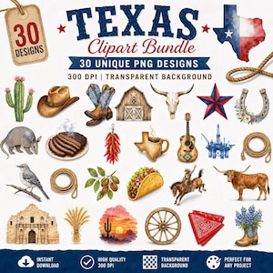 Pacchetto di clipart PNG ad acquerello del Texas, cappello da cowboy, stivali, Alamo Longhorn Bluebonnet, sublimazione Lone Star State, arte western BBQ Rodeo Cactus