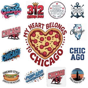Könnte beinhalten: Eine Sammlung von Chicago-Themen-Grafiken. Designs zeigen den Namen der Stadt in verschiedenen Schriftarten, ein Pizzaherz, einen Hotdog, die Skyline von Chicago und den Text "312 Chicago Born".