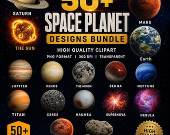 50種類以上の宇宙クリップアート集、太陽系惑星PNG、銀河星雲ブラックホール宇宙飛行士グラフィック、天文学デジタルダウンロード（商用利用可）
