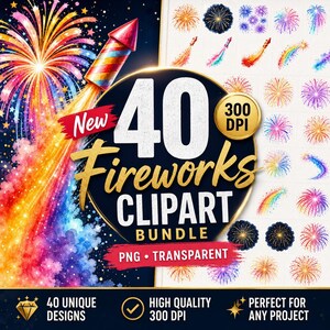 Könnte beinhalten: Eine digitale Sammlung von 40 Feuerwerks-Clipart-Designs mit lebendigen, mehrfarbigen Explosionen und Raketenillustrationen. Das Paket enthält PNG-Dateien mit transparentem Hintergrund, gekennzeichnet mit 300 DPI für eine hohe Auflösung.