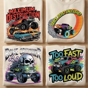 Puede incluir: Cuatro camisetas color crema con diseños de monster trucks. Los diseños incluyen un camión rojo con "MAXIMUM DESTRUCTION", un camión morado con "TRACK BEAST UNLEASHED", un camión con una calavera y "BONE CRUSHER", y un camión con "TOO FAST TOO LOUD".