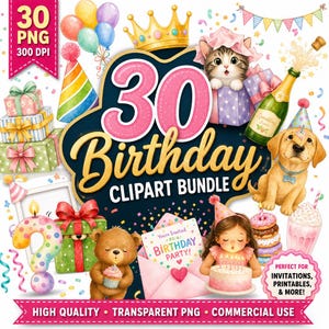 Watercolor Birthday Clipart PNG Bundle, Party Balloons Cake Confetti Design, Cute Puppy Kitten Birthday Art, Invitation Sublimation Download