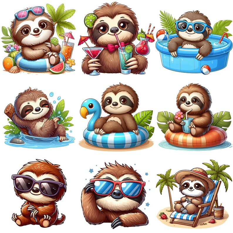Summer Spring Sloth Cute Sloth Clipart Bundle 24 PNG Summer Vacation Sublimation Funny ...