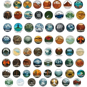 May include: A collection of circular stickers featuring colorful illustrations of various United States National Parks. Each sticker displays a unique landscape, such as mountains, forests, deserts, or coastlines, with the park name printed in text.