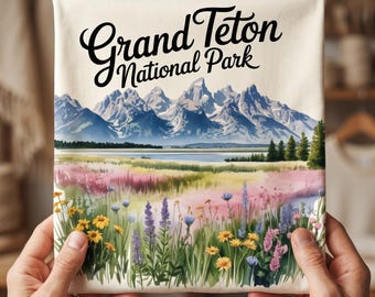 PNG de acuarela de Grand Teton, SVG de flores silvestres de parques nacionales, PNG de montaña floral, PNG de senderismo bohemio, PNG de flores silvestres de Wyoming, SVG floral para exteriores