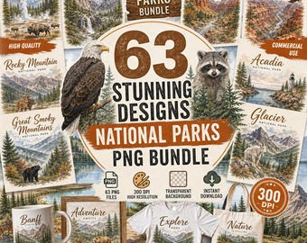 Watercolor National Park Clipart, PNG Bundle, Wildlife Nature Art, Travel Sticker Design, Sublimation Graphics, Adventure Wall Decor Set