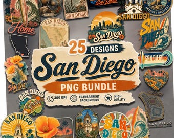 San Diego PNG Bundle, Vintage San Diego Clipart, California Sublimation Designs, Retro Surf Sea Lion Sticker Set, Beach Travel Printable PNG