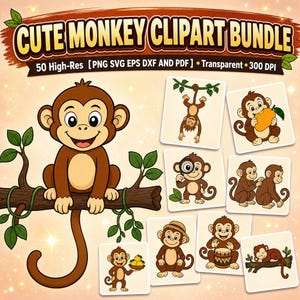 Può includere: Una collezione digitale intitolata CUTE MONKEY CLIPART BUNDLE che include 50 file ad alta risoluzione in formato PNG, SVG, EPS, DXF e PDF. L'immagine mostra una grande scimmia dei cartoni animati su un ramo e sette piccole icone quadrate.