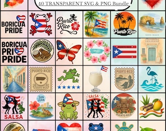 Puerto Rico PNG SVG Clipart Bundle / Boricua Digital Download / Coquí Frog, Taino Sun, Hibiscus, El Morro, Flag Art for Sublimation & Cricut