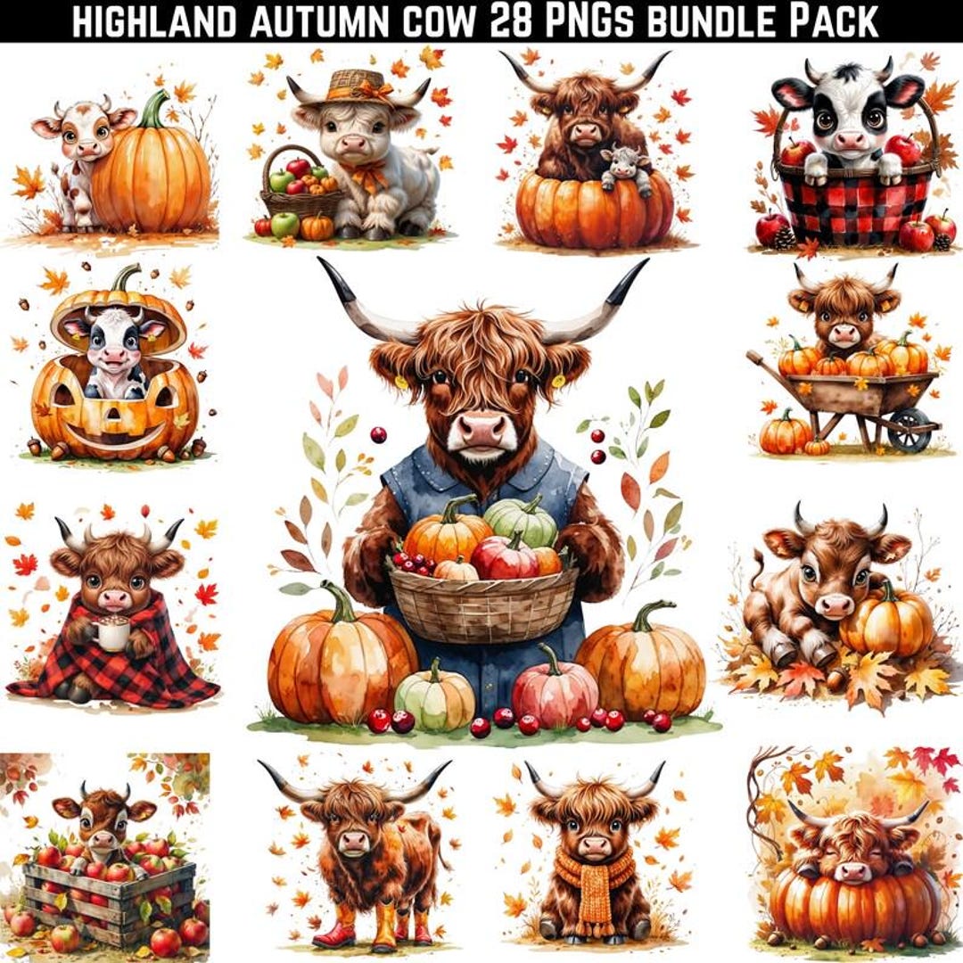 Fall Highland Cow PNG Bundle | Baby Highland Cow Clipart | Autumn Cow ...