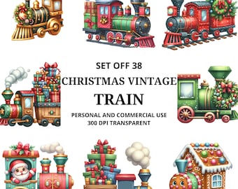 Christmas Vintage Train Png Clipart Bundle | 38 Designs | Santa Train Clipart | Holiday Train Sublimation | Retro Christmas