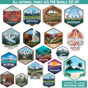 May include: A collection of hexagonal graphic designs featuring various U.S. National Parks. Each design showcases a unique landscape, including mountains, canyons, and volcanic formations. Text at the top reads "ALL NATIONAL PARKS (63) PNG BUNDLE 300 DPI".