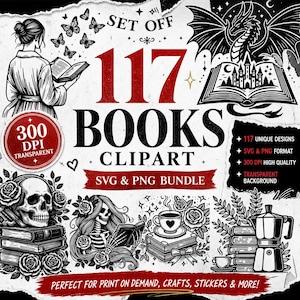 Images clipart PNG et SVG pour amoureux des livres, graphismes de squelette lisant, illustrations gothiques de rat de bibliothèque, design de dragon fantastique, illustrations livresques dark cadence