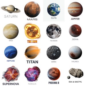 Puede incluir: Una colección de ilustraciones coloridas de cuerpos celestes, incluyendo planetas, lunas y otros fenómenos espaciales. Cada imagen está etiquetada con su nombre, como Saturno, Marte, la Tierra, Júpiter y el Sol. Las imágenes están sobre un fondo blanco.