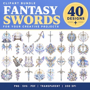 May include: A digital clipart bundle titled Fantasy Swords for Your Creative Projects featuring 40 designs of various swords decorated with elements like wings, flowers, animals, and celestial motifs in a blue, purple, and gold color palette.