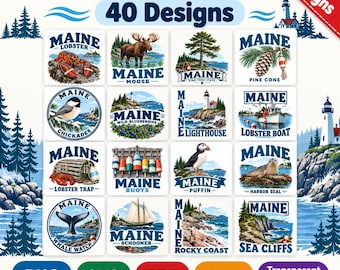 Maine Svg Bundle, Maine State Png, Lobster Clipart, Maine Coastal Svg, Lighthouse Png, Nautical Sticker Svg, Moose Wildlife Png, Puffin Bird