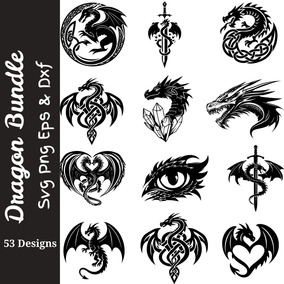 Dragon SVG Bundle | 53 Dragon Designs Png Eps Dxf | Fantasy Dragon Cut ...