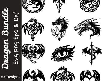 Paquete SVG de dragón / 53 diseños de dragón PNG Eps Dxf / Archivos de corte de dragón de fantasía para Cricut Silhouette