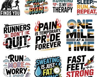 10 Running Motivation Quotes PNG Bundle | Fitness Designs| Jogging, Gym, Marathon, Inspirational T-Shirt Graphics