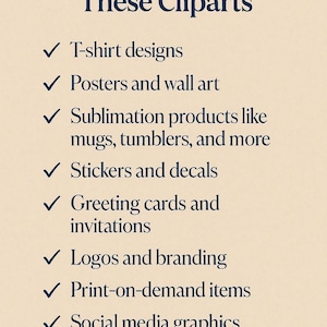 以下が含まれることがあります： 「Where You Can Use These Cliparts」と書かれた濃い青色のテキストが特徴のクリーム色のグラフィック。Tシャツのデザイン、ポスター、昇華製品、ステッカー、グリーティングカード、ロゴ、プリントオンデマンドアイテム、ソーシャルメディアグラフィック、ウェブデザインプロジェクトなど、リストが続きます。